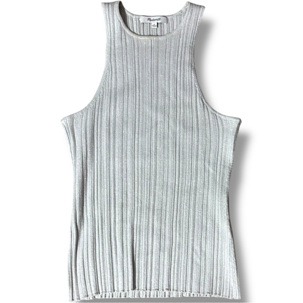 Madewell Blue/Silver Shiny Fitted Sleeveless Ribbed High Neck Racerback Tank Top - Picture 9 of 16